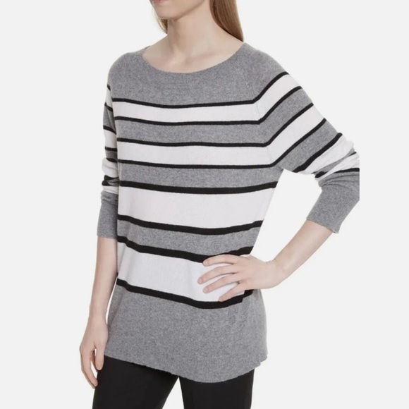 Equipment | Cashmere Striped, Neutral Minimalist Long Line Sweater - Picture 11 of 13